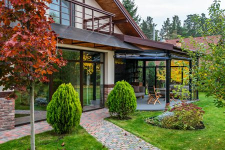 backyard of modern cottage with terrace